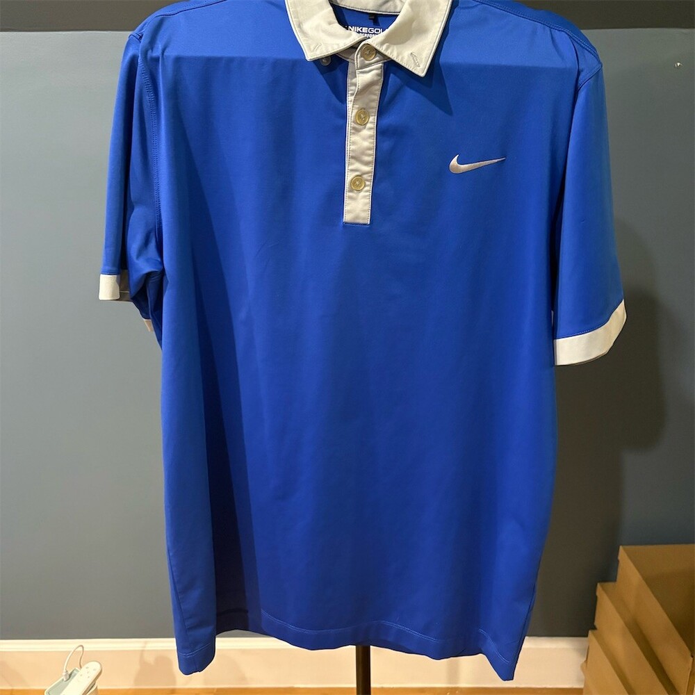 Nike Golf Polo Shirt Mens M Blue Gray White Contrast Collar Dri-FIT Swoosh